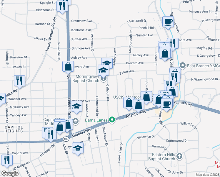 map of restaurants, bars, coffee shops, grocery stores, and more near 106 Calhoun Rd in Montgomery