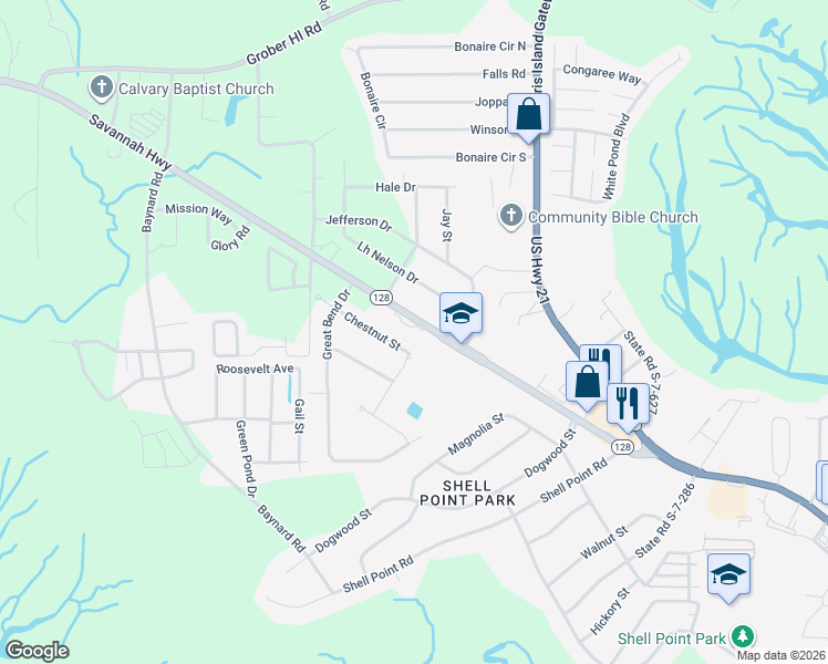 map of restaurants, bars, coffee shops, grocery stores, and more near 105 South Carolina 128 in Beaufort