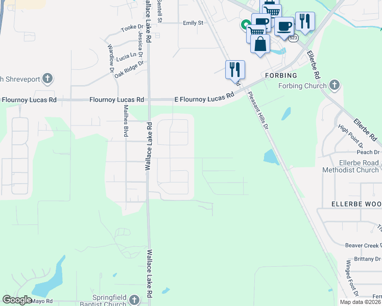 map of restaurants, bars, coffee shops, grocery stores, and more near 214 Cessna Drive in Shreveport