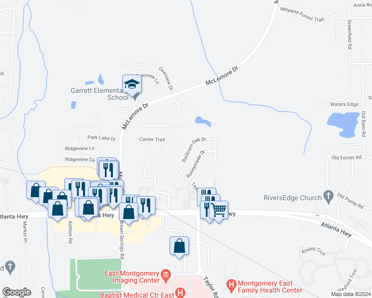 map of restaurants, bars, coffee shops, grocery stores, and more near 7051 Buckram Oak Drive in Montgomery