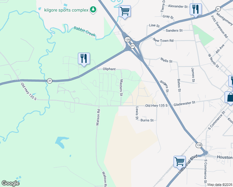map of restaurants, bars, coffee shops, grocery stores, and more near 240 Circle Drive in Kilgore