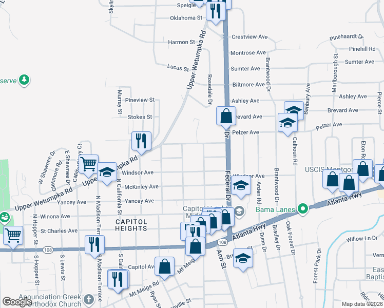 map of restaurants, bars, coffee shops, grocery stores, and more near 2220 McCarter Avenue in Montgomery