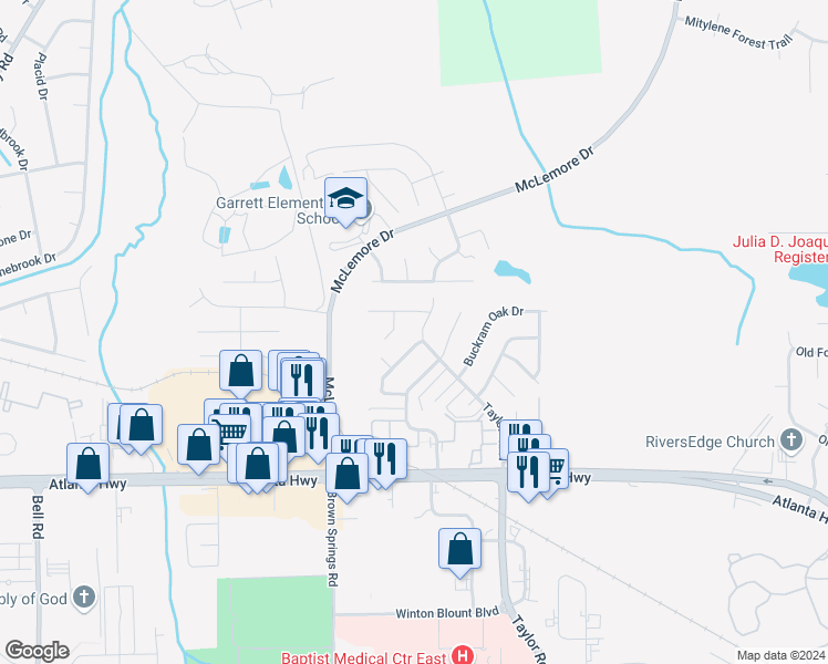 map of restaurants, bars, coffee shops, grocery stores, and more near 353 Taylor Road North in Montgomery
