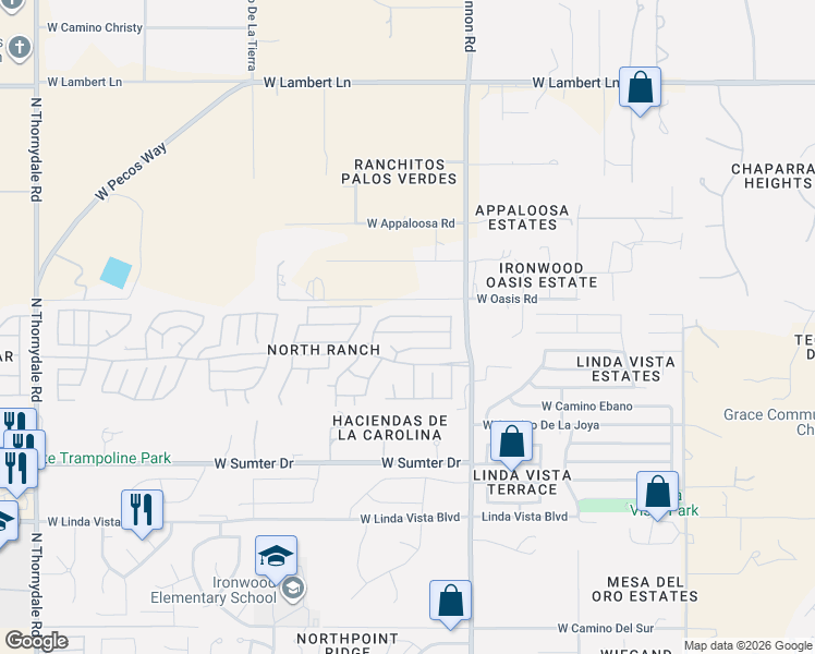 map of restaurants, bars, coffee shops, grocery stores, and more near 9907 North Meadow Ranch Place in Tucson
