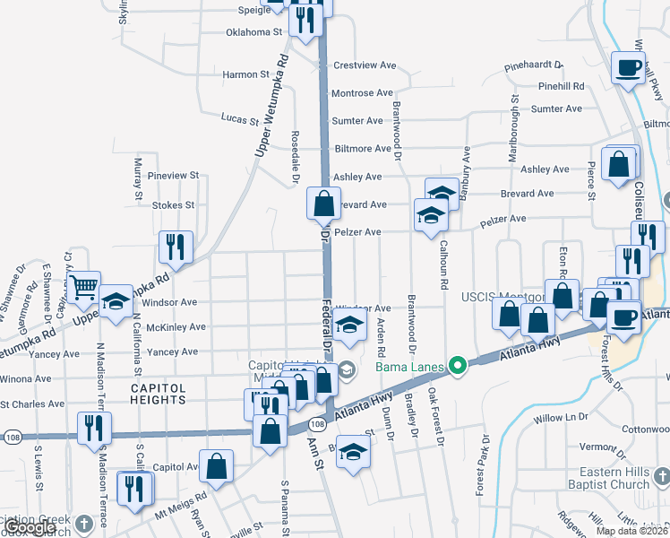 map of restaurants, bars, coffee shops, grocery stores, and more near 509 Federal Drive in Montgomery