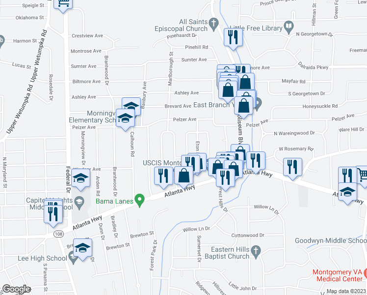 map of restaurants, bars, coffee shops, grocery stores, and more near 121 Salem Drive in Montgomery