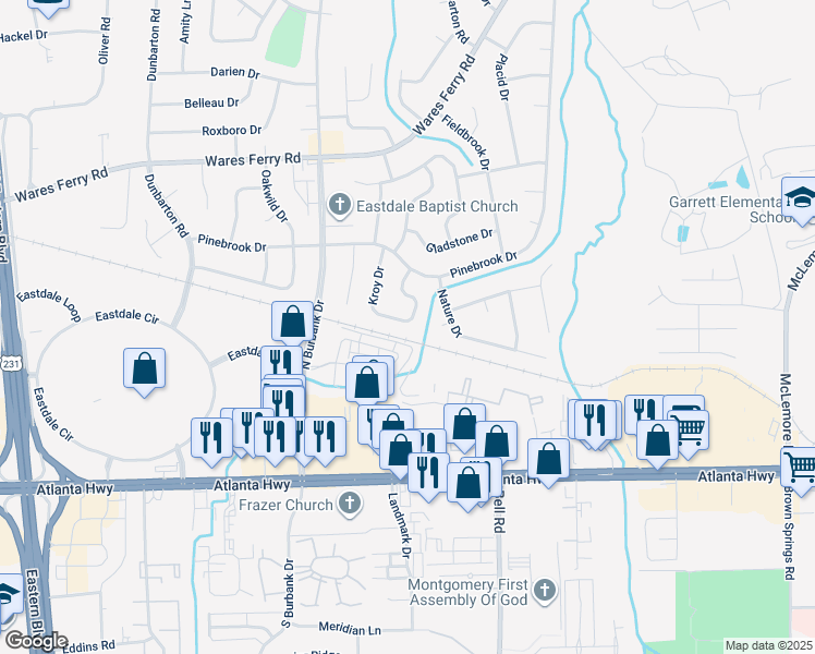 map of restaurants, bars, coffee shops, grocery stores, and more near 249 Kroy Drive in Montgomery