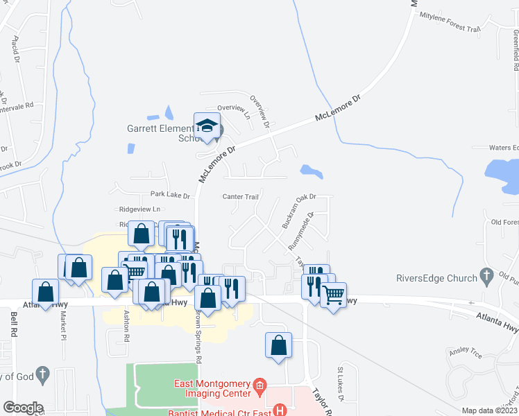 map of restaurants, bars, coffee shops, grocery stores, and more near 360 Taylor Road North in Montgomery
