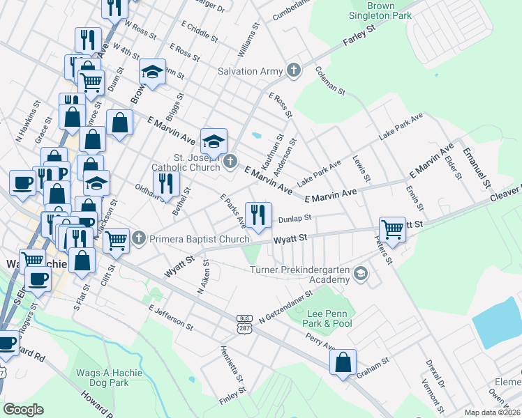 map of restaurants, bars, coffee shops, grocery stores, and more near 119 Bradshaw Street in Waxahachie