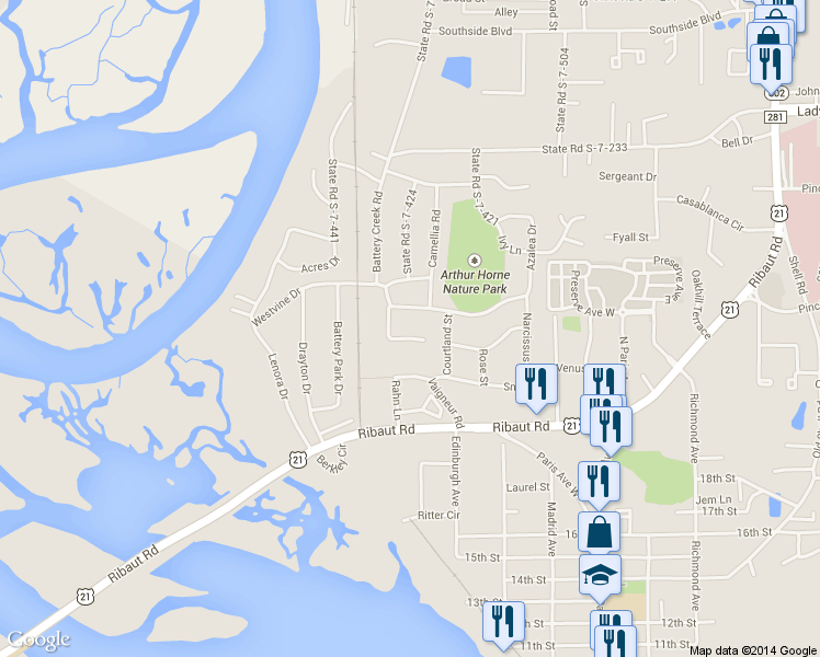 map of restaurants, bars, coffee shops, grocery stores, and more near 23 Ridenour Place in Port Royal