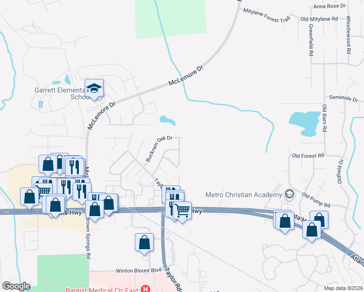 map of restaurants, bars, coffee shops, grocery stores, and more near 7137 Buckram Oak Drive in Montgomery