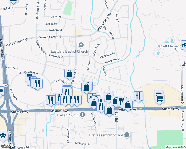 map of restaurants, bars, coffee shops, grocery stores, and more near 301 Kroy Drive in Montgomery