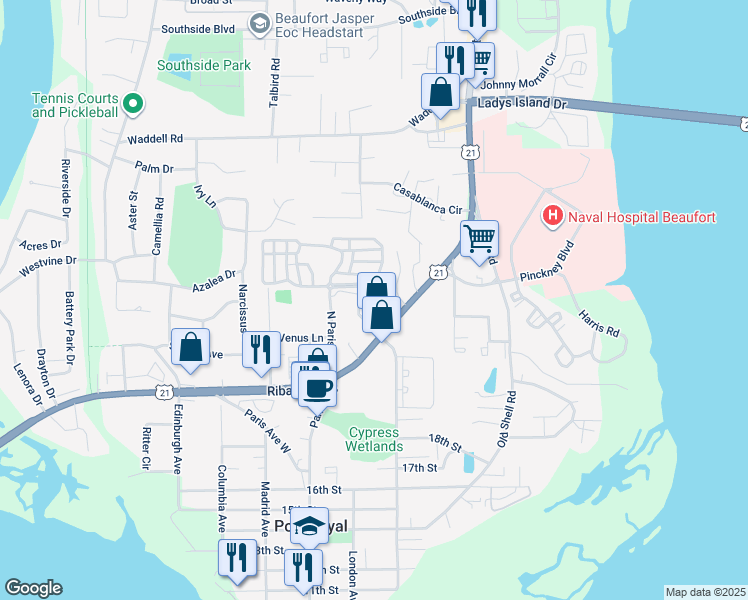 map of restaurants, bars, coffee shops, grocery stores, and more near 1650 Ribaut Road in Port Royal