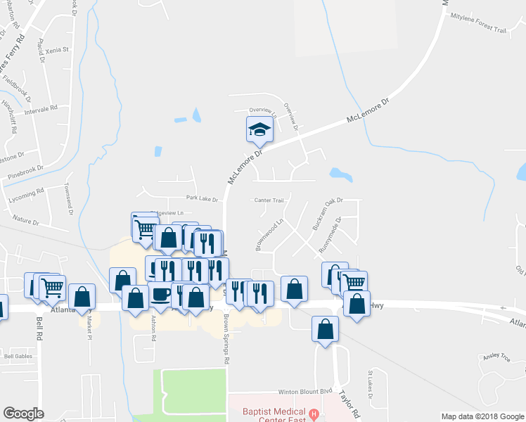 map of restaurants, bars, coffee shops, grocery stores, and more near 6787 Canter Trail in Montgomery