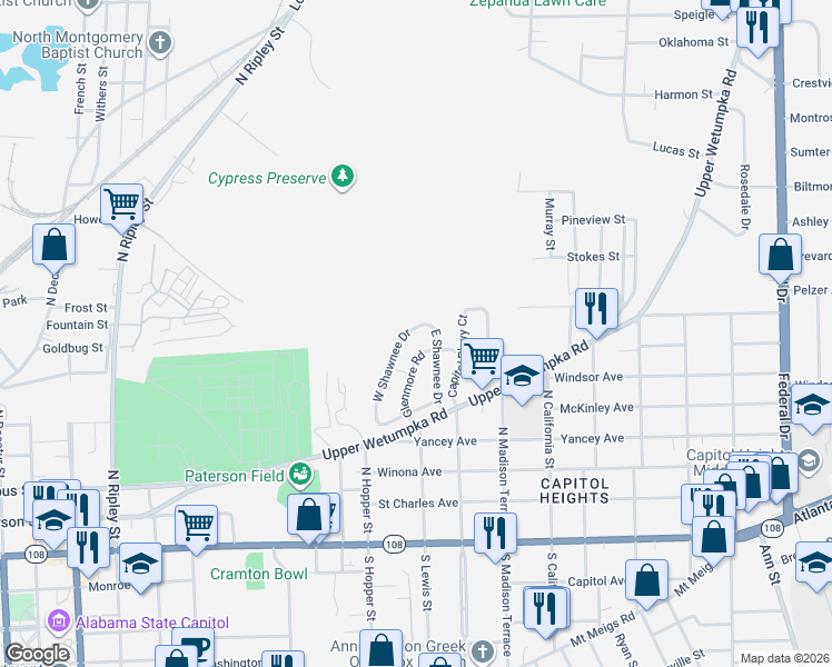 map of restaurants, bars, coffee shops, grocery stores, and more near 520 East Shawnee Drive in Montgomery
