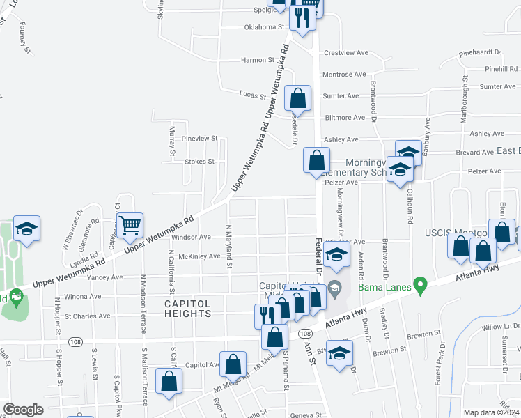 map of restaurants, bars, coffee shops, grocery stores, and more near 610 North Pennsylvania Street in Montgomery