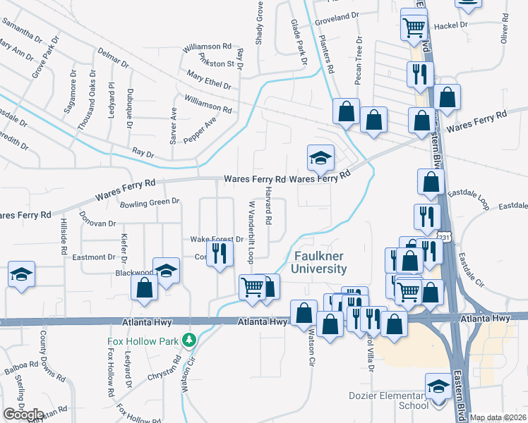 map of restaurants, bars, coffee shops, grocery stores, and more near 349 Harvard Road in Montgomery