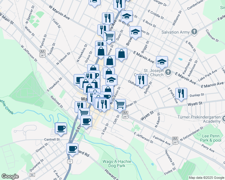map of restaurants, bars, coffee shops, grocery stores, and more near in Waxahachie