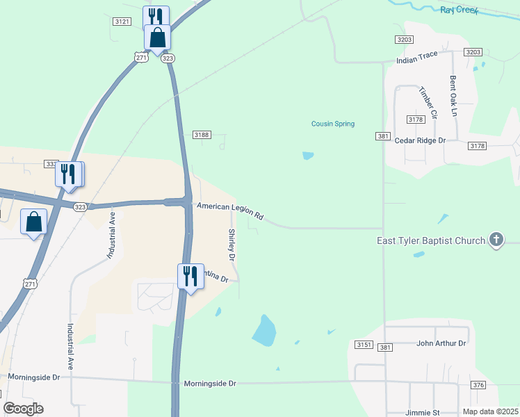 map of restaurants, bars, coffee shops, grocery stores, and more near 5503 American Legion Road in Tyler
