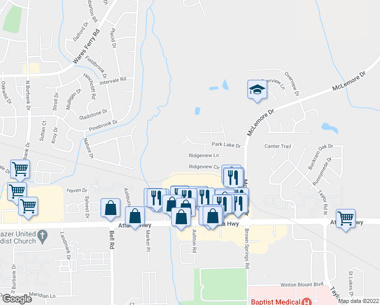 map of restaurants, bars, coffee shops, grocery stores, and more near 6523 Ridgeview Lane in Montgomery