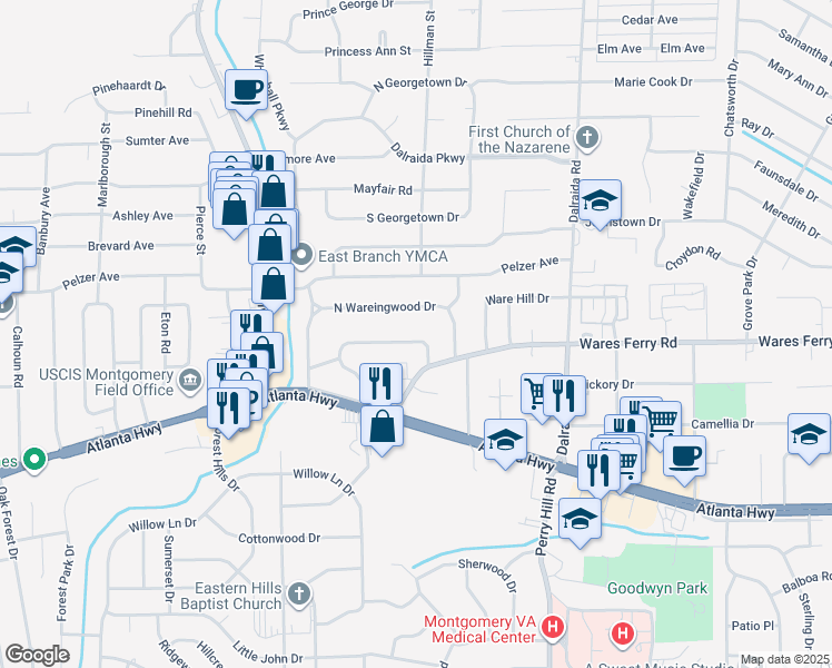 map of restaurants, bars, coffee shops, grocery stores, and more near 3576 North Wareingwood Drive in Montgomery