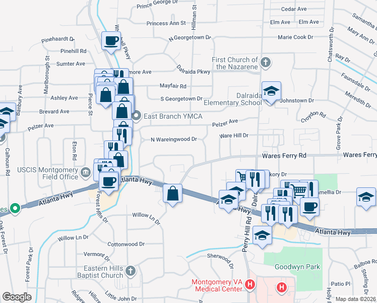 map of restaurants, bars, coffee shops, grocery stores, and more near 3576 North Wareingwood Drive in Montgomery