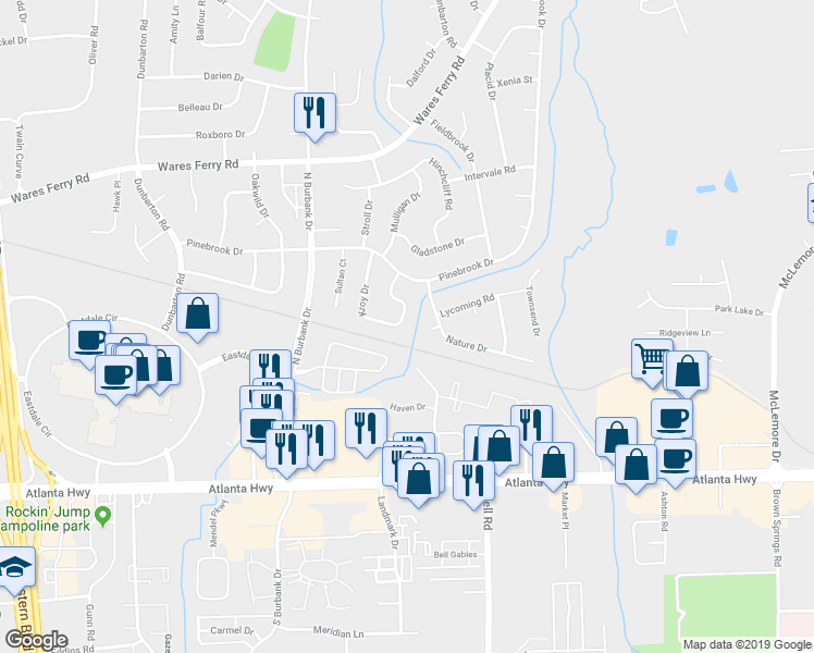 map of restaurants, bars, coffee shops, grocery stores, and more near 229 Kroy Drive in Montgomery