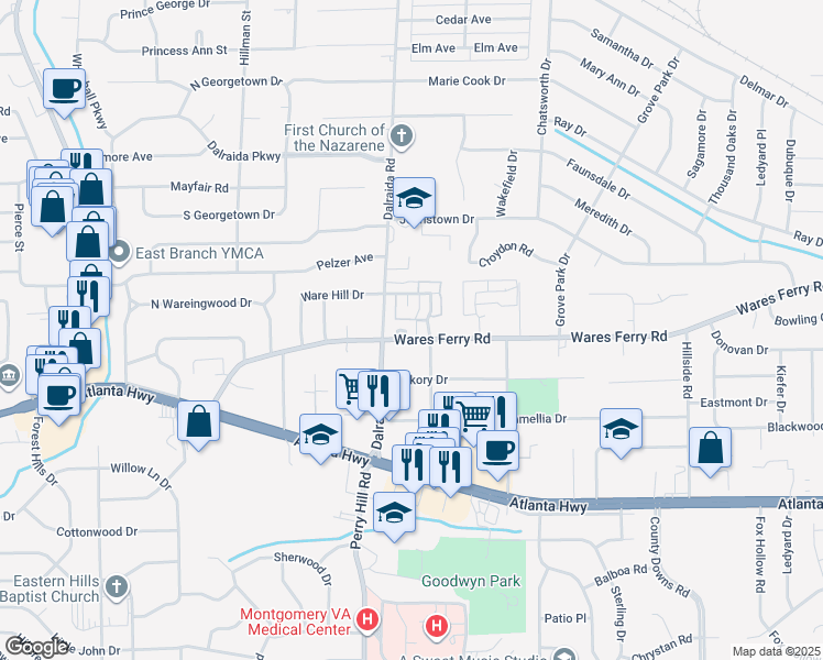 map of restaurants, bars, coffee shops, grocery stores, and more near 381 Mitchell Avenue in Montgomery