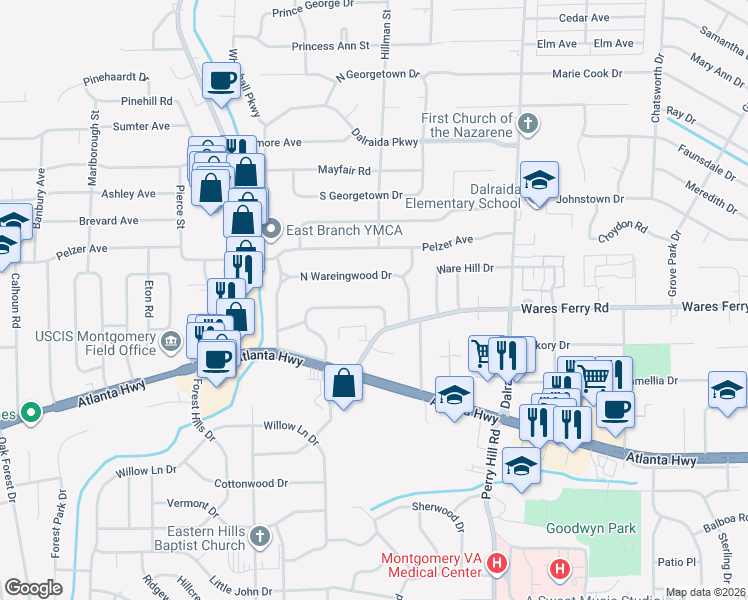 map of restaurants, bars, coffee shops, grocery stores, and more near 3576 North Wareingwood Drive in Montgomery