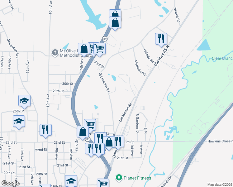 map of restaurants, bars, coffee shops, grocery stores, and more near 2905 Highway 45 North in Meridian