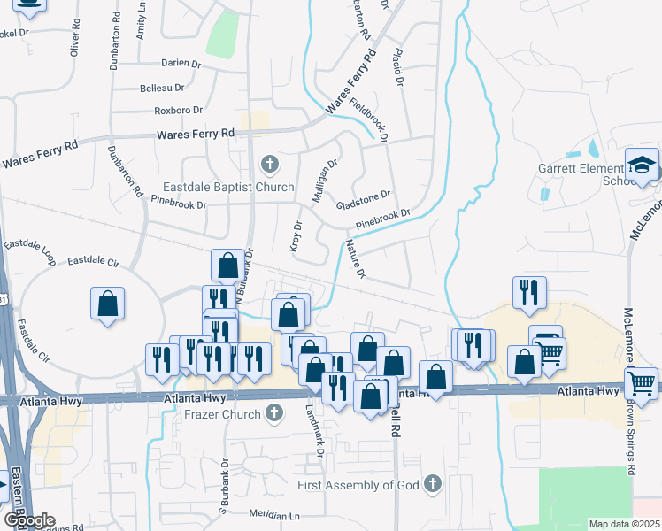 map of restaurants, bars, coffee shops, grocery stores, and more near 241 Kroy Drive in Montgomery