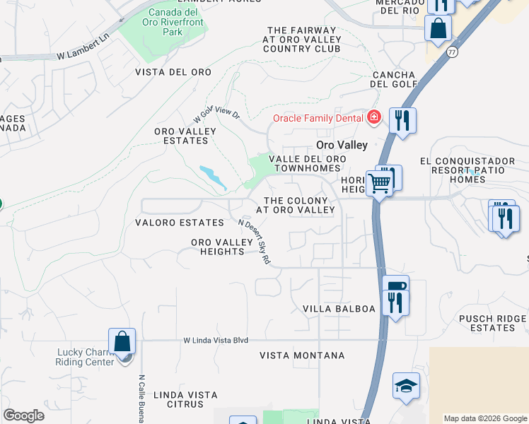 map of restaurants, bars, coffee shops, grocery stores, and more near 9940 North Desert Sky Place in Oro Valley