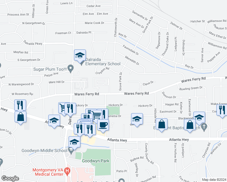 map of restaurants, bars, coffee shops, grocery stores, and more near 4117 Wares Ferry Road in Montgomery