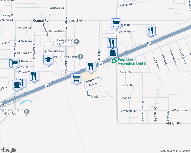 map of restaurants, bars, coffee shops, grocery stores, and more near 5551 Patagonia Drive in Las Cruces