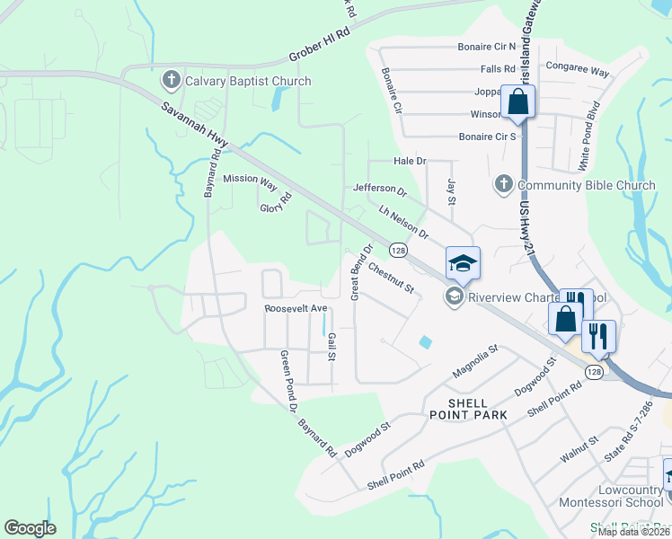 map of restaurants, bars, coffee shops, grocery stores, and more near 121 Bella Way in Beaufort