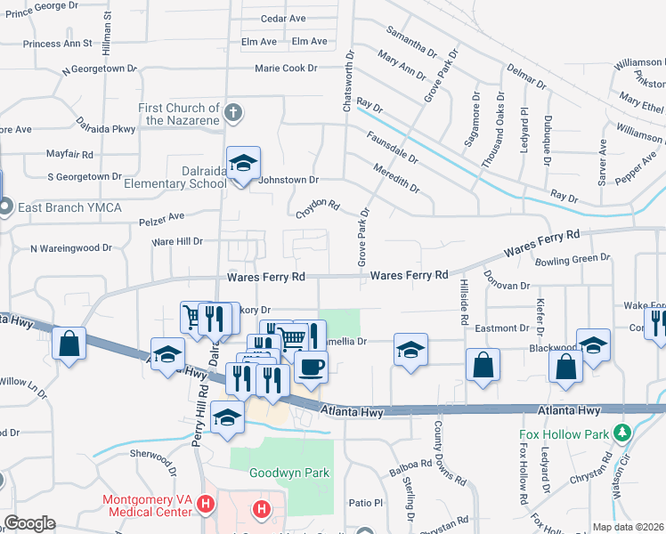 map of restaurants, bars, coffee shops, grocery stores, and more near 321 Grove Park Drive in Montgomery