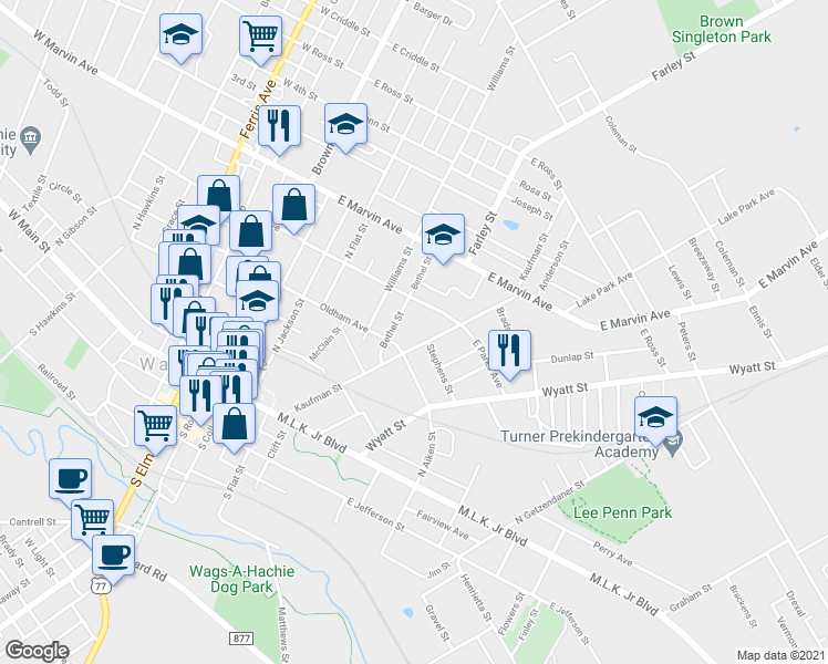 map of restaurants, bars, coffee shops, grocery stores, and more near 409 Kaufman St in Waxahachie