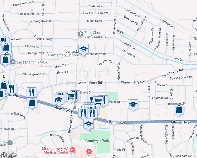 map of restaurants, bars, coffee shops, grocery stores, and more near 409 Caldwell Place in Montgomery
