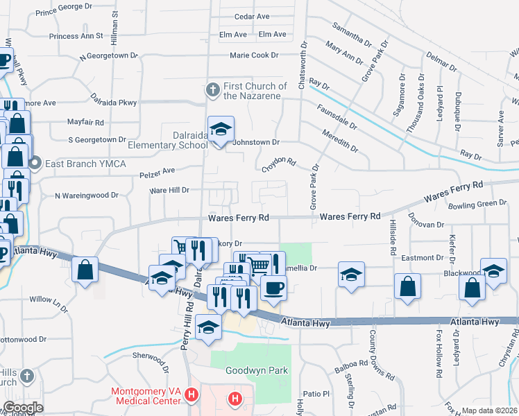 map of restaurants, bars, coffee shops, grocery stores, and more near 409 Caldwell Place in Montgomery
