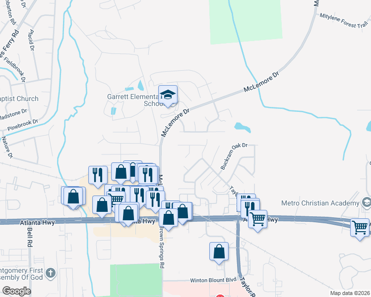 map of restaurants, bars, coffee shops, grocery stores, and more near 6786 Canter Trail in Montgomery