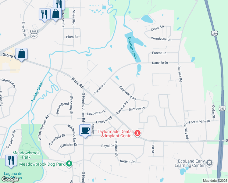 map of restaurants, bars, coffee shops, grocery stores, and more near 3100 Danville Drive in Kilgore