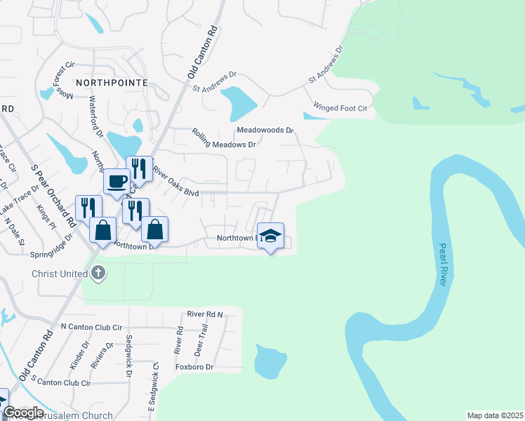 map of restaurants, bars, coffee shops, grocery stores, and more near 128 North Brighton Drive in Jackson