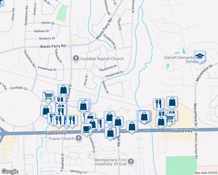 map of restaurants, bars, coffee shops, grocery stores, and more near 6205 Lycoming Road in Montgomery
