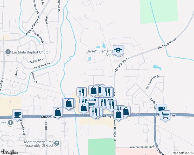map of restaurants, bars, coffee shops, grocery stores, and more near 432 Park Lake Drive in Montgomery