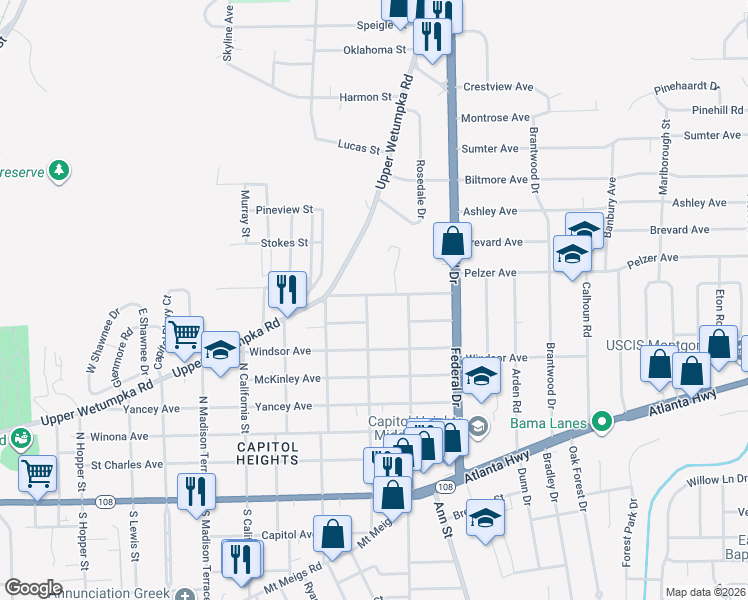 map of restaurants, bars, coffee shops, grocery stores, and more near 2220 McCarter Avenue in Montgomery