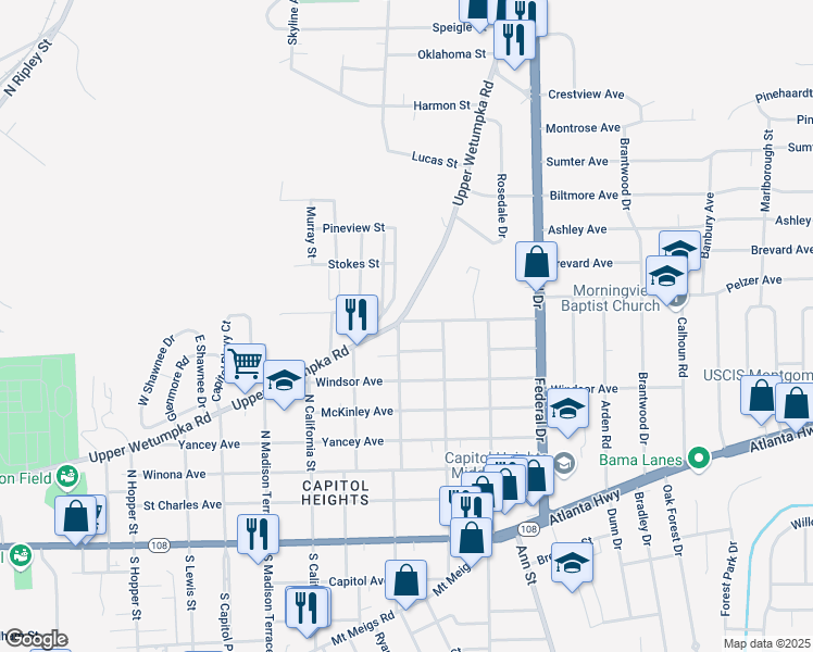 map of restaurants, bars, coffee shops, grocery stores, and more near 700-766 East Claremont Avenue in Montgomery
