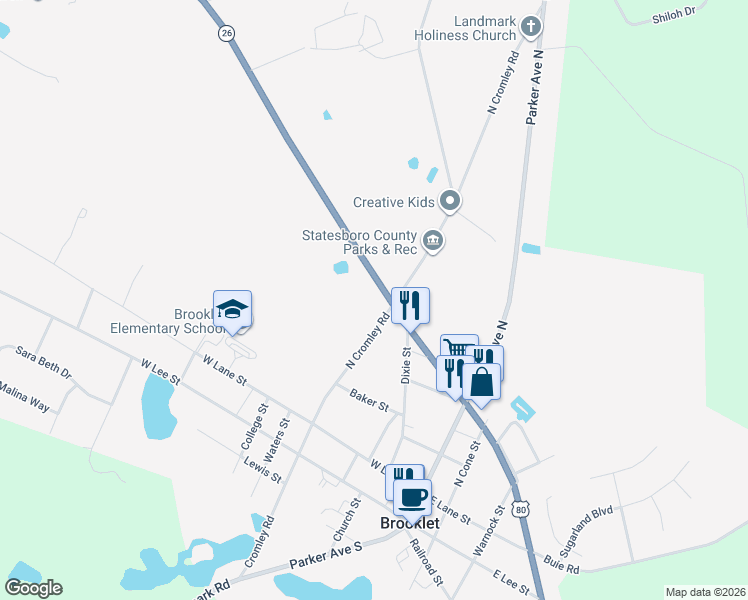 map of restaurants, bars, coffee shops, grocery stores, and more near 17867 U.S. 80 in Brooklet