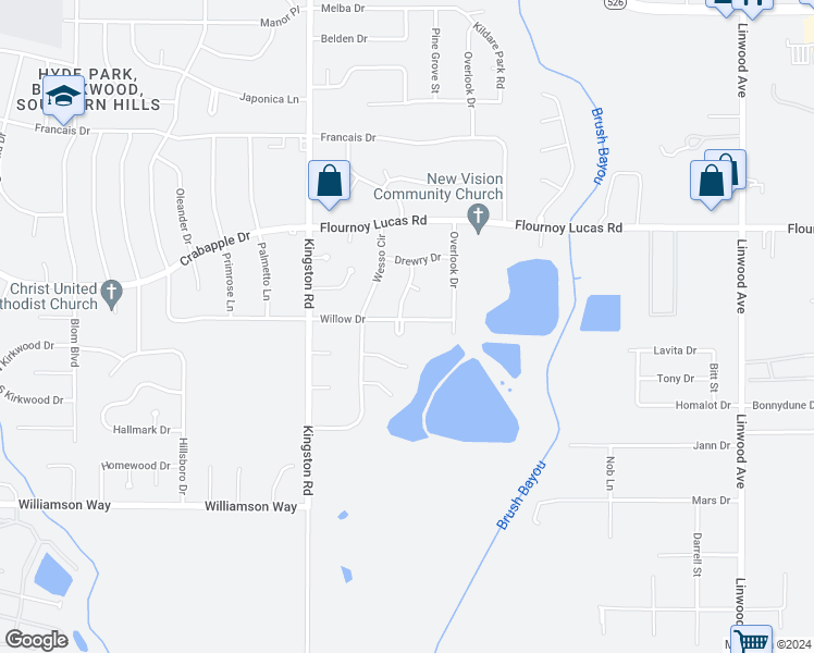 map of restaurants, bars, coffee shops, grocery stores, and more near 9601 Pine Cove Drive in Shreveport