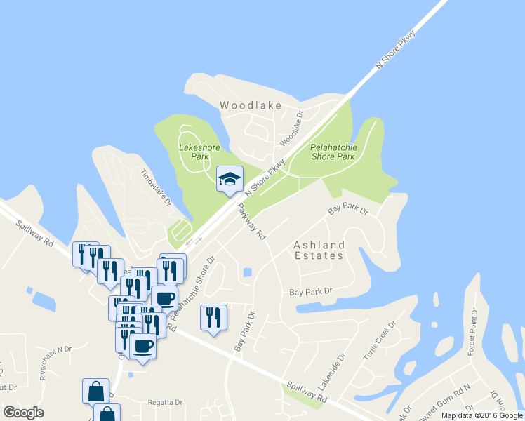 map of restaurants, bars, coffee shops, grocery stores, and more near 440 Pelahatchie Shore Drive in Brandon