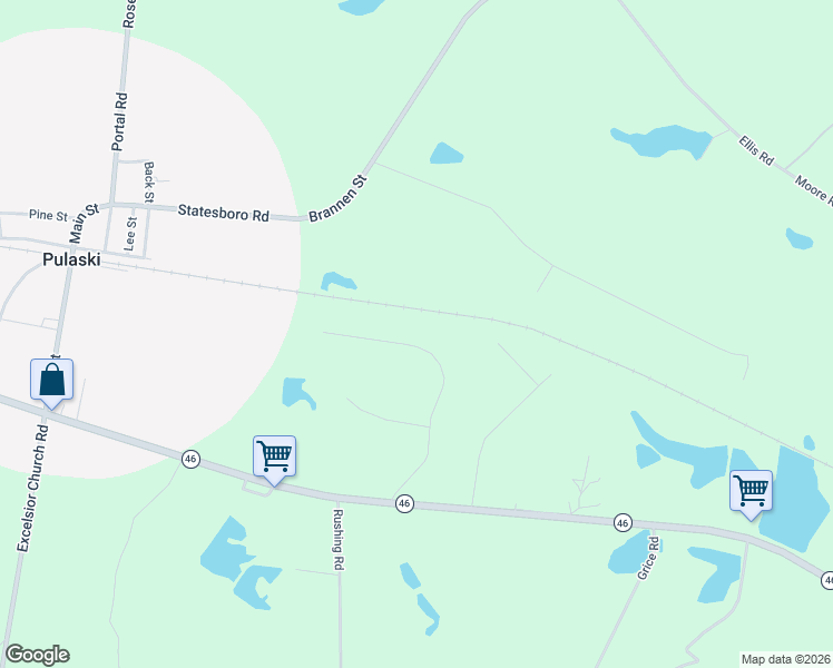 map of restaurants, bars, coffee shops, grocery stores, and more near 131 Shale Way in Metter